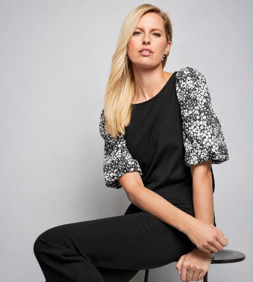 Talbots Womens Puff Sleeve Top Size XL Floral Black Stretch Round Neck Office